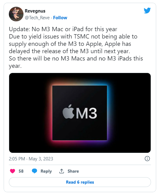 消息称苹果 M3 芯片延期，新款 MacBook 和 iPad 今年无望问世